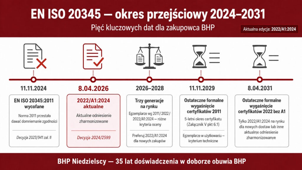 Timeline okresu przejściowego EN ISO 20345 — 2011 → 11.11.2024 → 8.04.2026 → 2029/2031 — kluczowe daty dla zakupowca BHP — BHP Niedzielscy